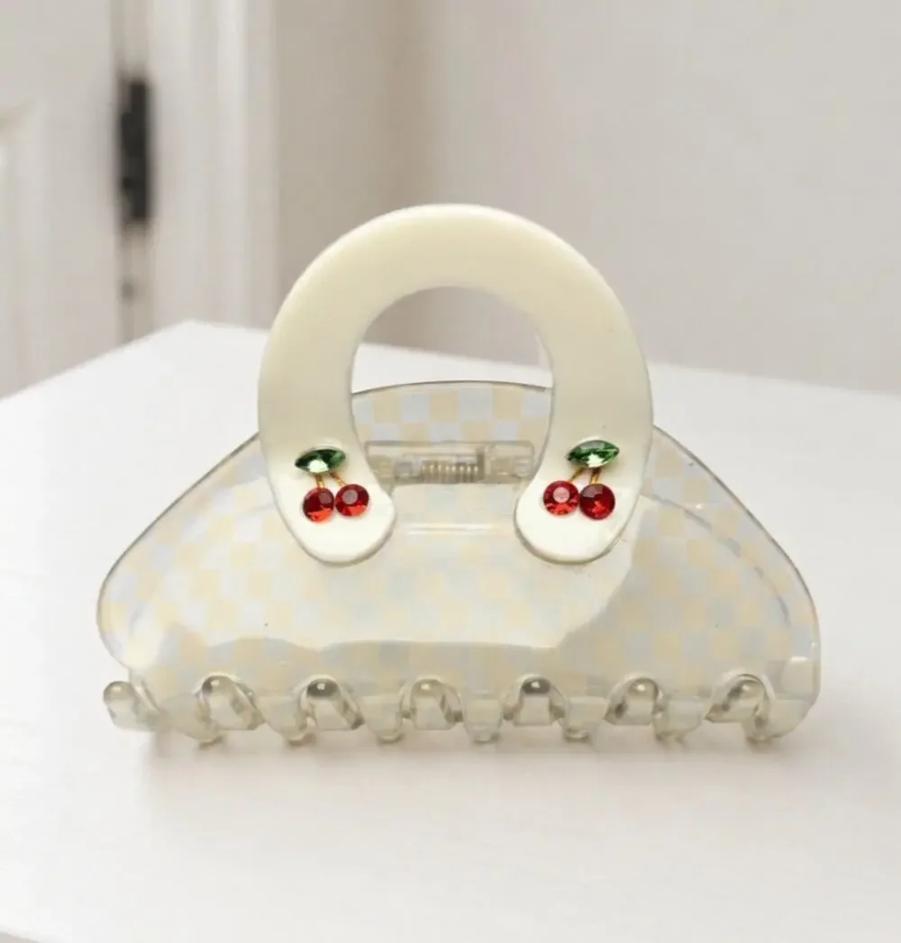 Acetate Checkered Cherry Rhinestone Hair Claw Clip